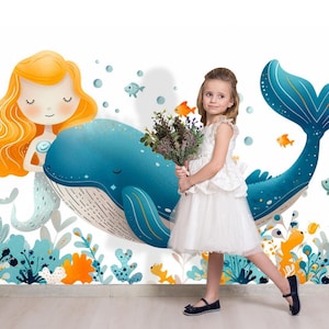 Personalized Ocean Theme Wallpaper Peel and Stick for Kids Room, Watercolor Whale & Mermaid Wall paper Mural Bedroom, Sea Life Nursery Decor