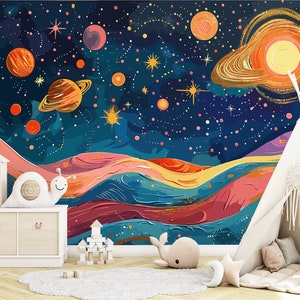 Space Wallpaper Peel and Stick Kids Nursery Wall Decor, Planets Wallpaper Removable, Dark Outer Space Wall paper Universe Galaxy Wall Woven