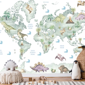Dinosaur Wallpaper Peel and Stick Nursery, Big Dino World Map Landscape Mural Toddler Bedroom Removable, Dino Wall Decor Playroom Wallpaper
