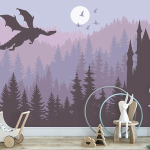 Ombre Mountain Wallpaper Mural Purple Removable, Fairy Dragon Wall Mural Peel and Stick, Pastel Forest Wallpaper Adhesive Non-Woven