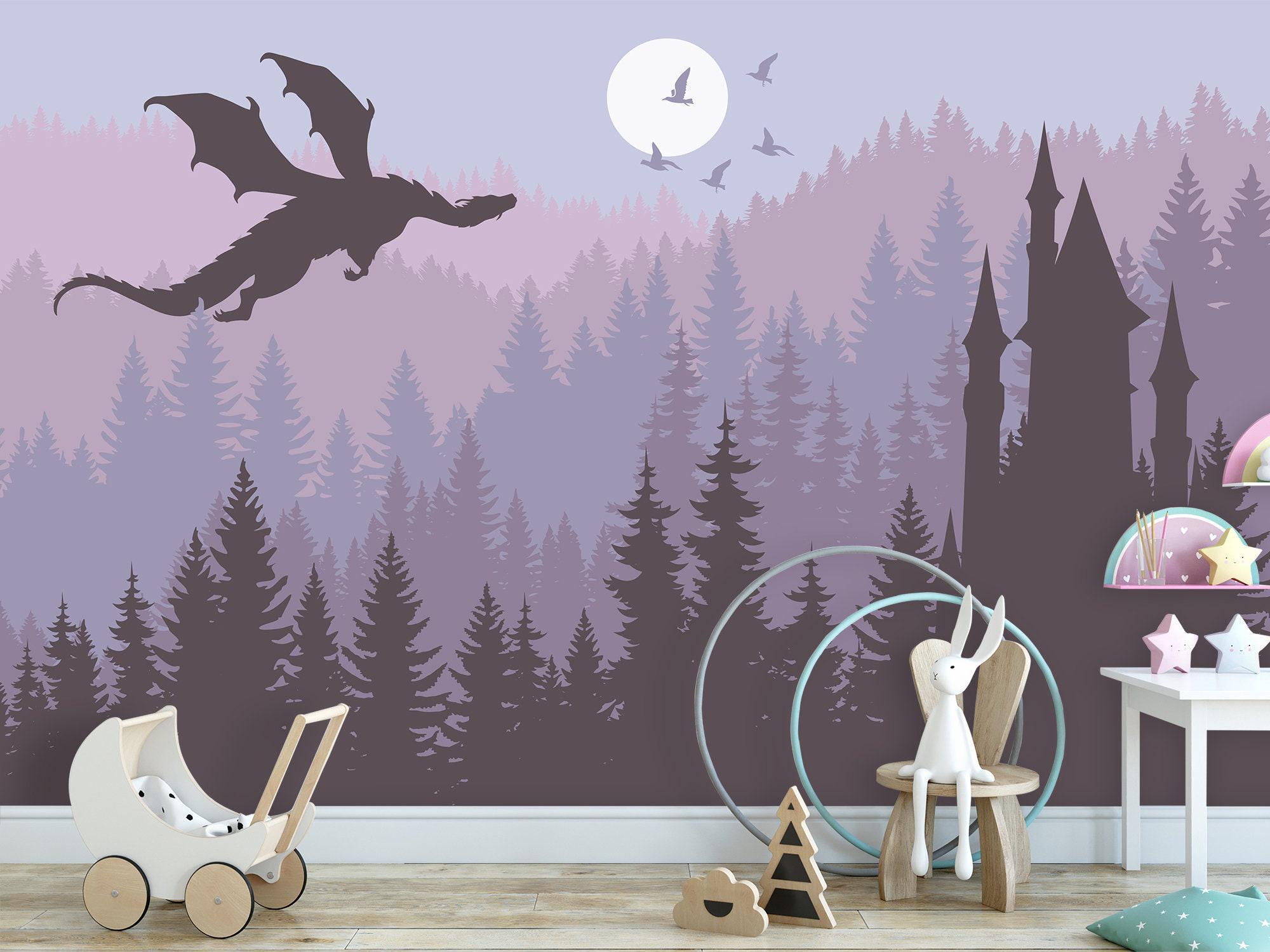 Ombre Mountain Wallpaper Mural Purple Removable, Fairy Dragon Wall Mural Peel and Stick, Pastel Forest Wallpaper Adhesive Non-Woven