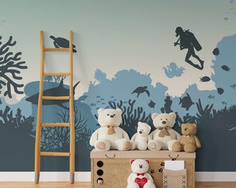 Under the Sea Classroom Wallpaper Playroom, Navy Blue Wall paper Mural Kids Bedroom Temporary, Ocean Theme Nursery Decor Custom, Removable
