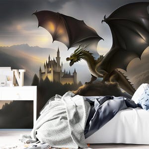 Dragon Wallpaper Peel and Stick Toddler Bedroom, Magic Kingdom Wallpaper Boy Nursery Removable Decor, Castle Landscape Mural Room Wallpaper
