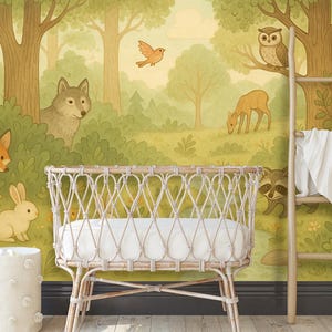 Soft Woodland Creatures Wallpaper Peel and Stick, Gender Neutral Nursery Wall paper Woodland Animal  Wall Mural with Fox Deer & Owl for Kids