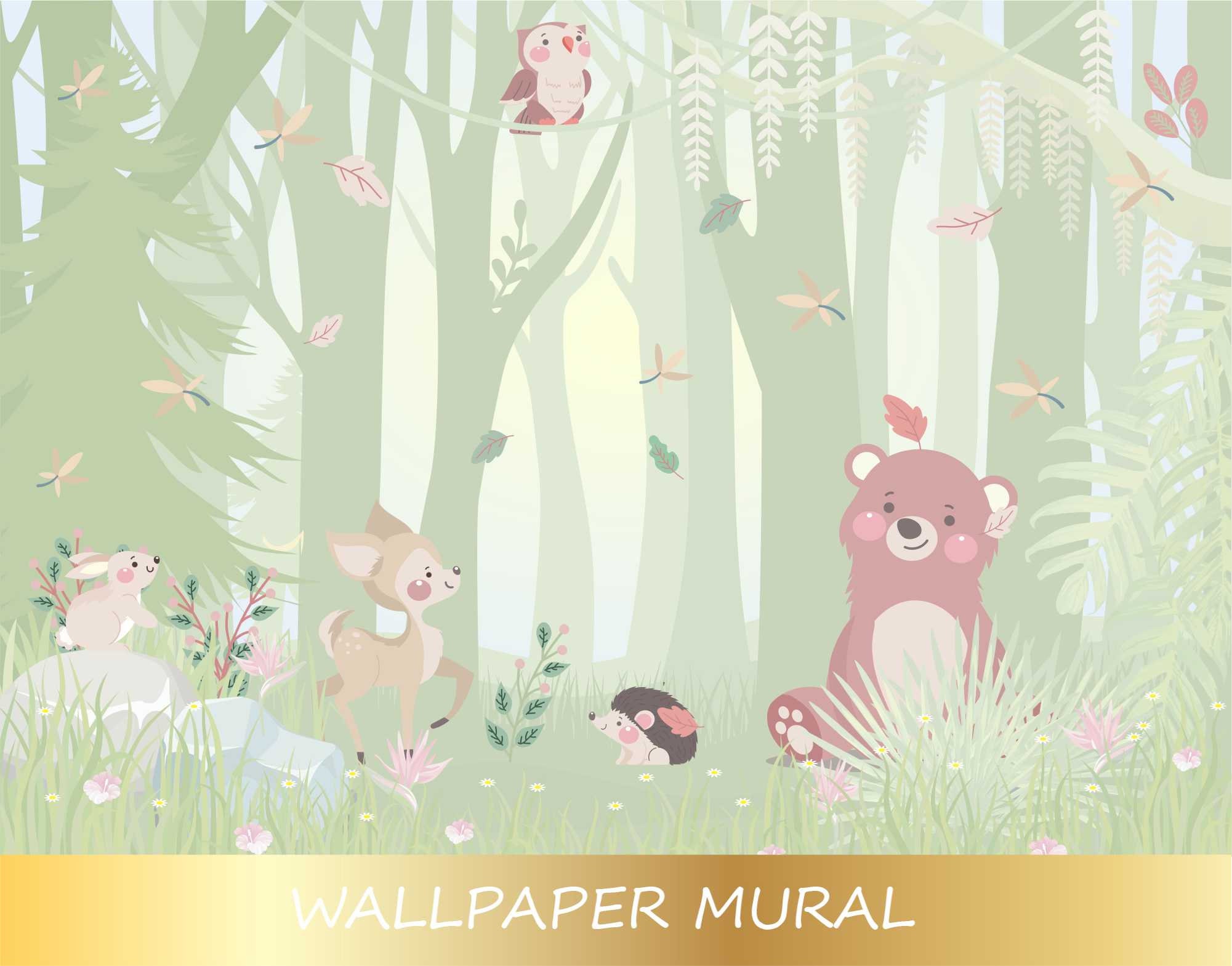 Woodland Wallpaper Kids Nursery Forest Animals Wall Mural - Etsy UK