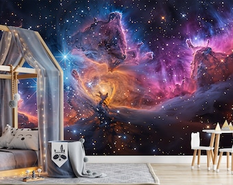 Space Wallpaper Peel and Stick Bedroom Wall paper, Rainbow Galaxy Wallpaper Removable, Dark Outer Space Wall Mural Universe Galaxy Wall