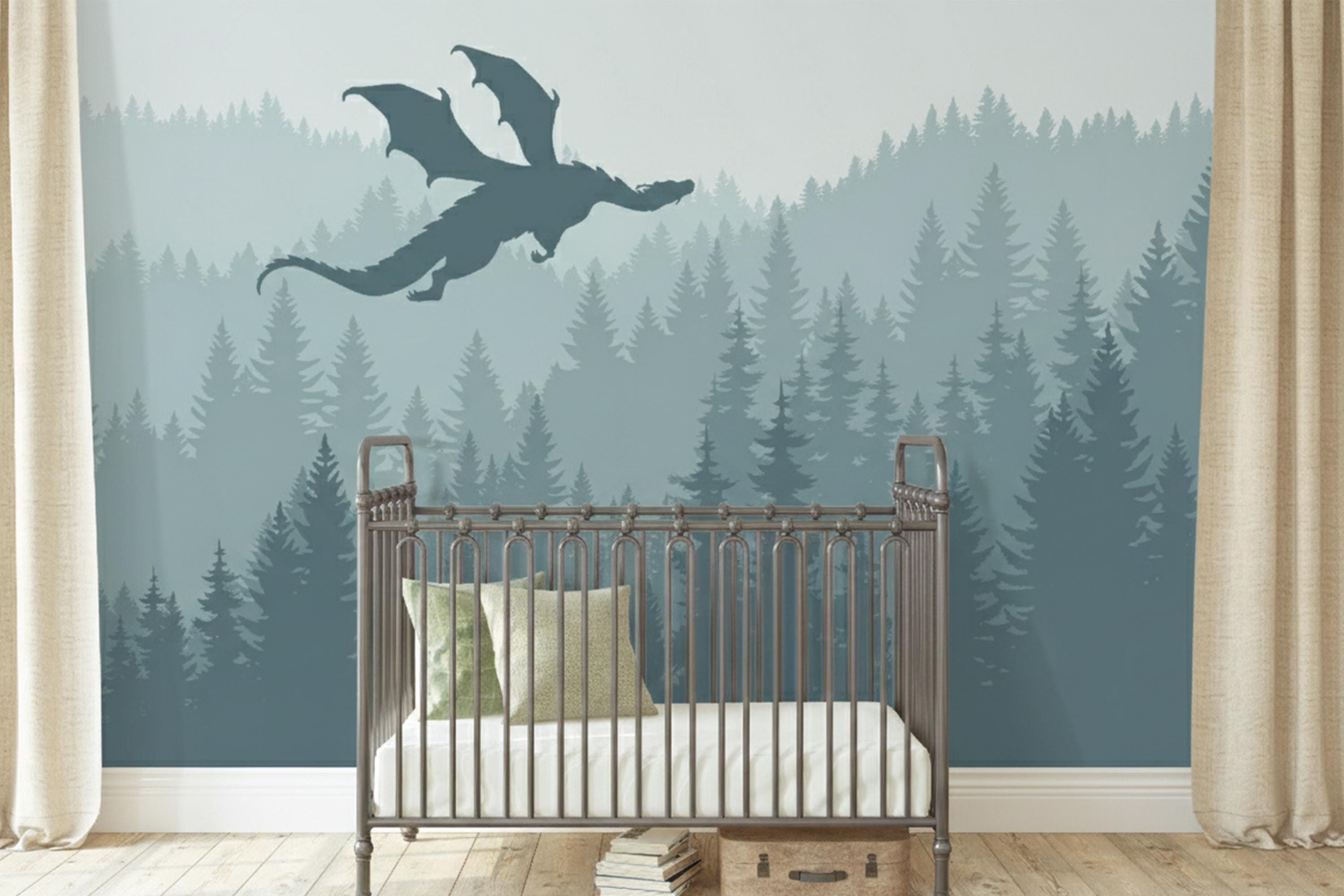 Soft Pastel Green Forest Wallpaper Kids Nursery Removable, Fairy Dragon ...