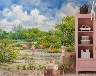 Flamingo Wall Mural Peel and Stick or Non-Woven, Tropical Bird Wallpaper, Watercolor Nature Nursery Decor, Coastal Kids Room Wall Art