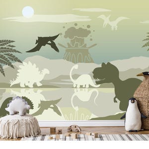 Jurassic World Wallpaper for Kids Nursery Removable, Dark Dinosaur Wall Mural Baby Boy Bedroom Playroom Soft Pastel Wallpaper Green Adhesive