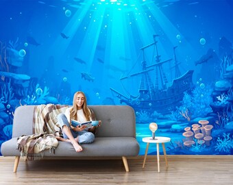 Under the Sea Bedroom Wallpaper, Navy Blue Wall paper Mural Kids Playroom Temporary, Ocean Theme Nursery Decor Custom, Removable Non-Woven