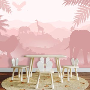 Pink Safari Animals Wallpaper Nursery / Tropical Leaves Mural Adhesive / Mountain Wallpaper Bedroom Peel & Stick Removable Non-Woven