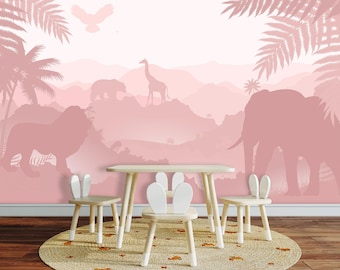 Pink Safari Animals Wallpaper Nursery / Tropical Leaves Mural Adhesive / Mountain Wallpaper Bedroom Peel & Stick Removable Non-Woven