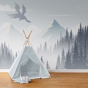 Ombre Mountain Wallpaper Mural Kids Removable, Dragon Wallpaper Peel & Stick, Adhesive Non-Woven Forest Wallpaper Pastel Wallpaper