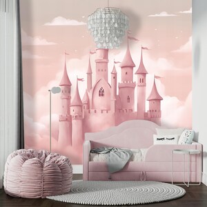 Soft Pink Wallpaper Peel and Stick Girl Nursery Magic Kingdom Princess Castle Wall Paper Mural Mountain Wallpaper Kids Room Removable