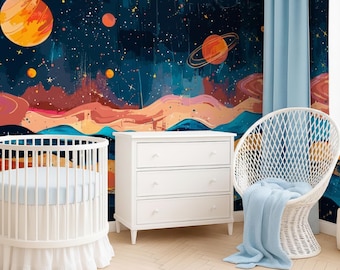 Space Wallpaper Peel and Stick Kids Nursery Wall Decor, Planets Wall paper Removable, Dark Outer Space Wall Mural Universe Galaxy Wall Woven