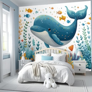 Blue Whale Wallpaper Peel and Stick Ocean Nursery Underwater Sea Life Wall Mural Cute Marine Animal Decor Removable Eco-Friendly Kids Room