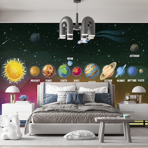 Solar System Wallpaper Peel and Stick Kids Classroom Decor, Planets Wallpaper Removable, Dark Outer Space Wall paper Universe, Galaxy Wall