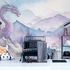 Dragon Wallpaper Peel and Stick Boy Girl Nursery Removable, Forest Wallpaper Bedroom Mountain Wallpaper Landscape Mural Playroom Decor Woven