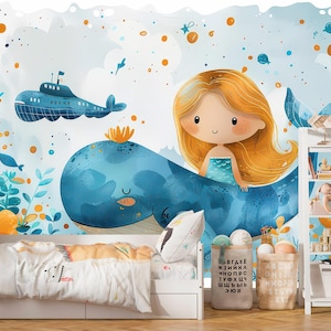 Whale Ocean Fantasy Wallpaper Peel and Stick Nursery Underwater Dreamscape Wall paper for Kids Room Blue Sea Adventure Nautical Wall Mural