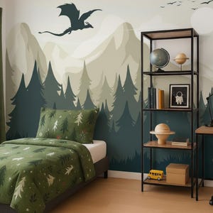Dragon Wallpaper Peel and Stick Toddler Bedroom, Mountains Landscape Wallpaper Mural Playroom Removable, Forest Wall paper Nursery, Adhesive