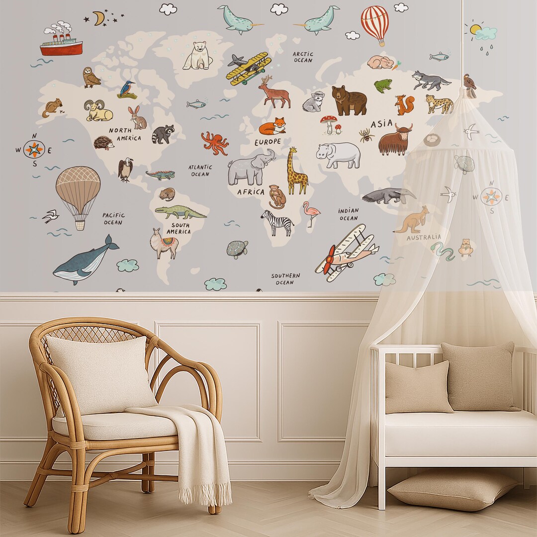 World Map Wallpaper Peel and Stick for Kids Room Gray, Animal Wall ...
