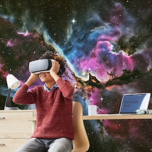 Dark Space Wallpaper Peel and Stick Playroom Boy Wallpaper Removable, Rainbow Galaxy Wallpaper, Outer Space Wall Mural Universe Galaxy Wall