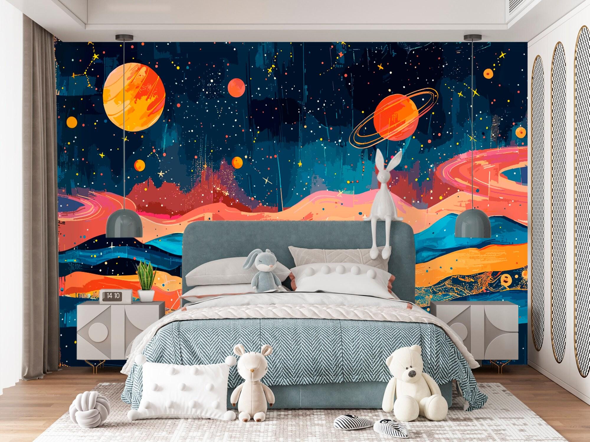 Space Wallpaper Peel and Stick Kids Nursery Wall Decor, Planets Wall ...
