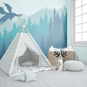 Pastel Green Forest Wallpaper Kids Nursery Removable, Fairy Dragon Wall Mural Adhesive Peel & Stick, Castle Wallpaper Non-Woven Eco-Friendly