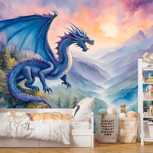 Dragon Wallpaper Peel and Stick Toddler Playroom, Forest Wallpaper Girl Boy Nursery Decor, Mountain Wallpaper Landscape Mural Bedroom