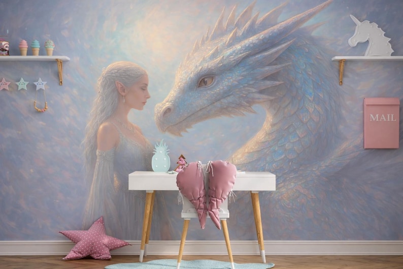 Fantasy Dragon Wallpaper - Peel and Stick Wall Mural With Elf and Ice ...