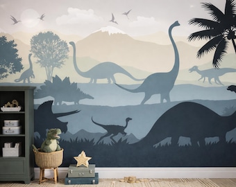 Dark Dinosaur Wallpaper Baby Boy Nursery Removable / Large Jurassic World Wall Mural Kids Bedroom / Playroom Wallpaper