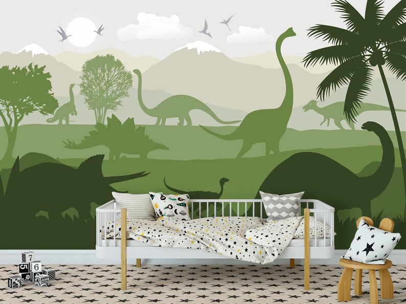 Dinosaur Wallpaper for Boy Nursery Removable / Large Jurassic World Wall Mural Kids Bedroom / Playroom Wallpaper with Mountain Decor image 4