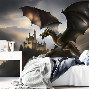 Dragon Wallpaper Peel and Stick Toddler Bedroom, Magic Kingdom Wallpaper Boy Nursery Removable Decor, Castle Landscape Mural Room Wallpaper