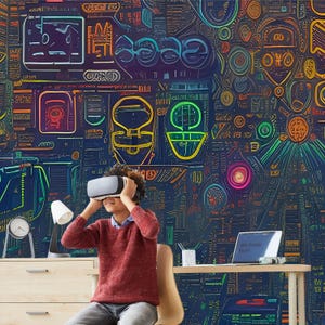 Neon Street Art Graffiti Wallpaper Peel and Stick Play Room Vibrant Urban Cartoon Characters Symbols Wall Mural for Modern Bedroom Adhesive