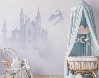 Castle Dragon Wallpaper Peel and Stick for Nursery Forest Wall paper Kids Room, Landscape Decor Removable, Playroom Art, Neutral Wall Mural