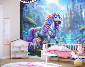 AMUGISH Unicorn And Rainbow Wall Mural Wallpaper | Peel And Stick | Fantasy Scene For Living Room, Girls Bedroom, Kitchen, Nursery - 118''W X 98''H Peel And Stick