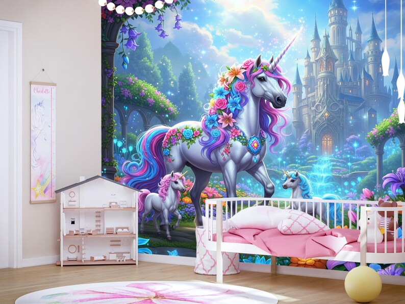 Princess Castle Peel and Stick Wallpaper for Nursery Rainbow Mane ...