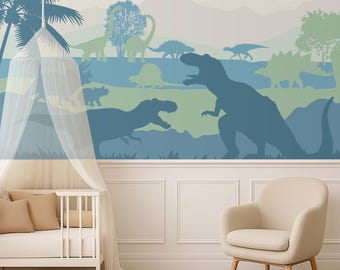 T-rex Wallpaper Peel and Stick Boy Nursery Blue Green, Dinosaurs Wall Mural Kids Playroom, Jurassic World Playroom Decor Removable,,