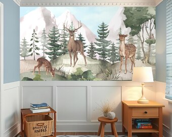 Woodland Animal Wallpaper Playroom Peel & Stick Removable Watercolor Bear Deer Wallpaper Nursery Wall paper Bedroom Magic Forest Decor EM548