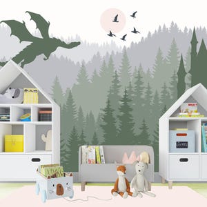 Dragon Wallpaper Mural Kids Room Removable, MountainWallpaper Peel & Stick, Adhesive Non-Woven Forest Wallpaper Magic Castle Wall Mural