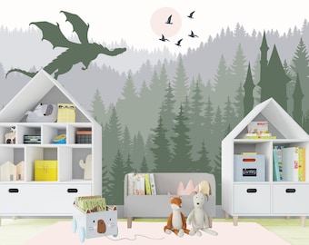 Dragon Wallpaper Mural Kids Room Removable, MountainWallpaper Peel & Stick, Adhesive Non-Woven Forest Wallpaper Magic Castle Wall Mural