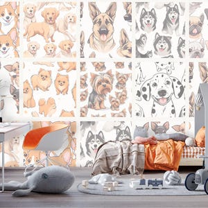 Dog Wallpaper Peel and Stick Nursery, Pets Bedroom Pattern,  Colorful Art, Dog Wall Decor, Large Dogs Mural, Funky Playroom Wallpaper Mural