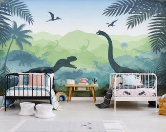 Dino Wallpaper for Toddler Boy Nursery Blue / Large Jurassic World Wall Mural Kids Bedroom Removable / Mountain Wallpaper Adhesive Non-Woven