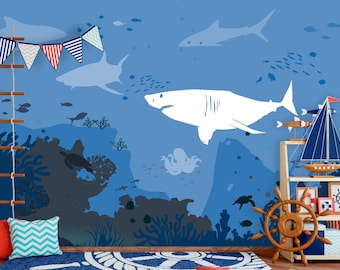 Shark Wallpaper Boy Nursery, Under the Sea Life Wallpaper Mural Adhesive, Accent Wall Mural Navy Blue Temporary, Removable, Peel and Stick