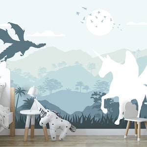 Unicorn & Fairy Dragon Wallpaper Kids Room, Blue Ombre Watercolor Mountain Wall Mural Peel and Stick, Pine Tree Forest Fleece Wall Paper EM1