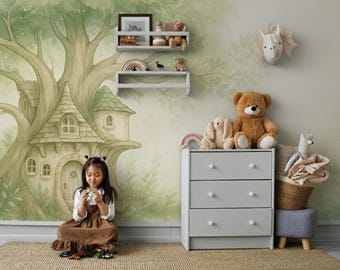 Fairy Tale Treehouse Wallpaper Peel and Stick Nursery, Whimsical Watercolor Forest Wall Mural Baby Room,  Green Woodland Fantasy Decor Kids