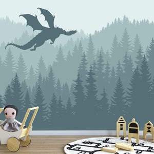 Soft Pastel Green Forest Wallpaper Kids Nursery Removable, Fairy Dragon Wall Mural Peel and Stick, Pine Tree Forest Eco-Friendly Wallpaper