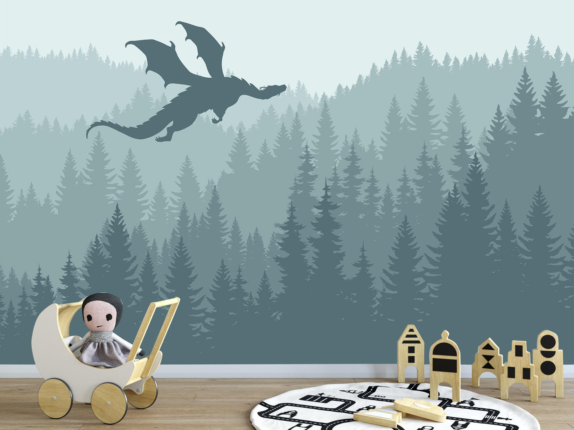 Soft Pastel Green Forest Wallpaper Kids Nursery Removable, Fairy Dragon Wall Mural Peel and Stick, Pine Tree Forest Eco-Friendly Wallpaper