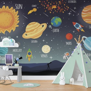 Planets Wallpaper Boys Room Removable, Galaxy Wallpaper Peel and Stick, Outer Space Wallpaper Kids, Solar System, Stars Adhesive