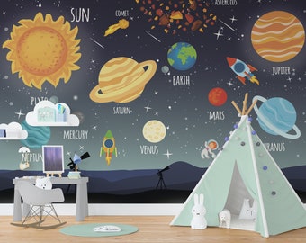 Planets Wallpaper Boys Room Removable, Galaxy Wallpaper Peel and Stick, Outer Space Wallpaper Kids, Solar System, Stars Adhesive